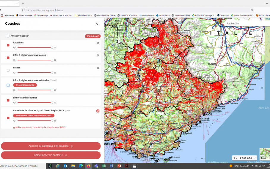 Estratto da una visualizzazione su RiskPACA di una mappatura regionale del pericolo caduta di blocchi a 1/100 000e ©BRGM